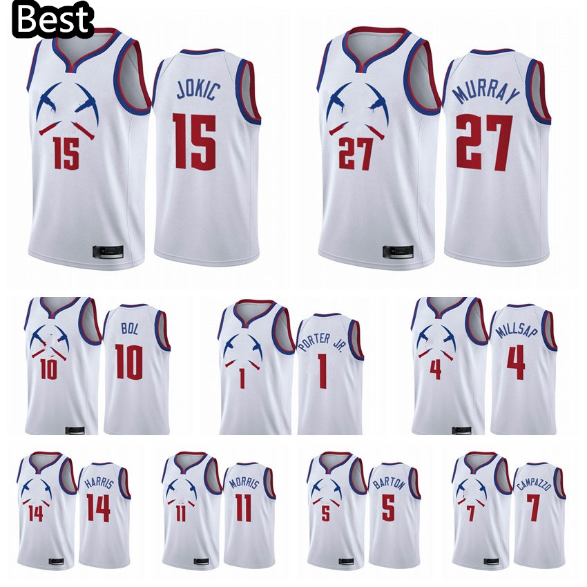 

2020-21 Denver Nuggets Men Nikola Michael Porter Jr. Bol Bol Jokic Jamal Murray Earned Edition White #15 Basketball Jersey, White;black