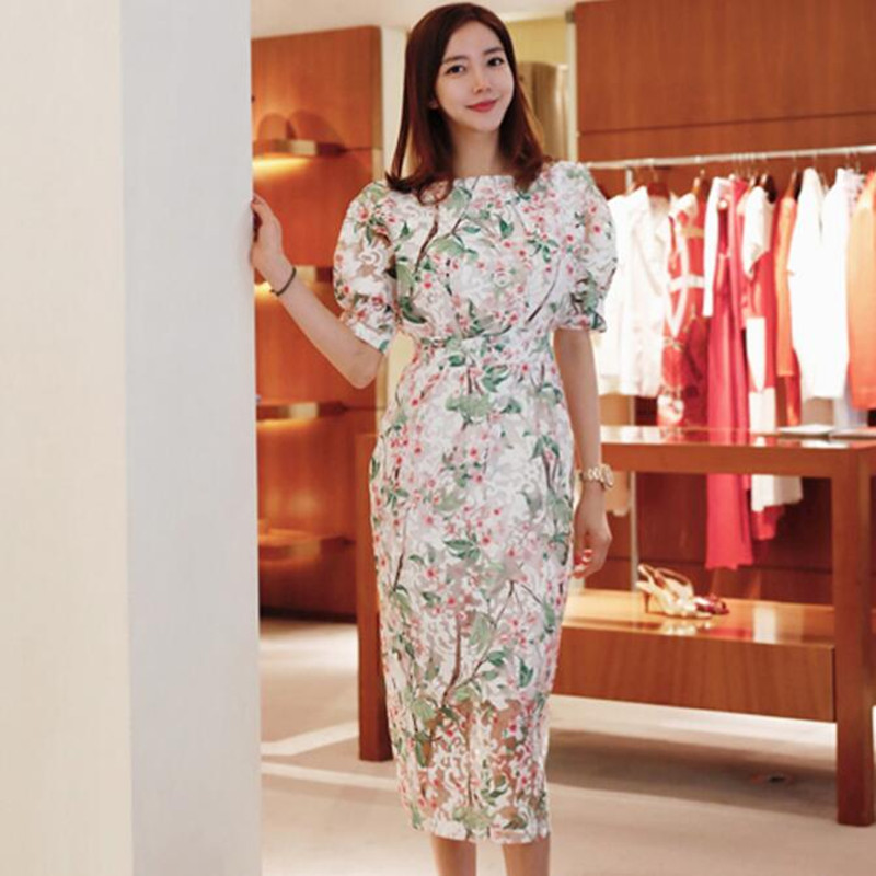 

ZAWFL Women's Lantern Sleeve Print Sheath Dress O-Neck Evening Party Organza Dresses Elegant Casual Long Vestidos 210525, Picture color