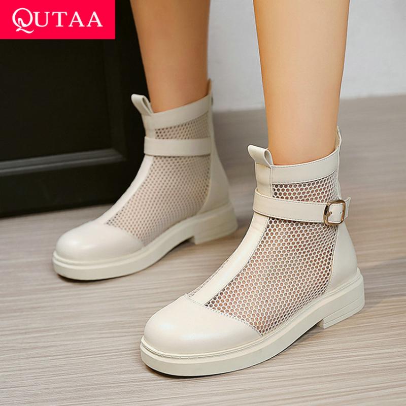 

2021 PU Leather Mesh Casual Cool Boots Spring Summer Female Shoes Round Toe Buckle Zipper Women Ankle Big Size 34-43, Black
