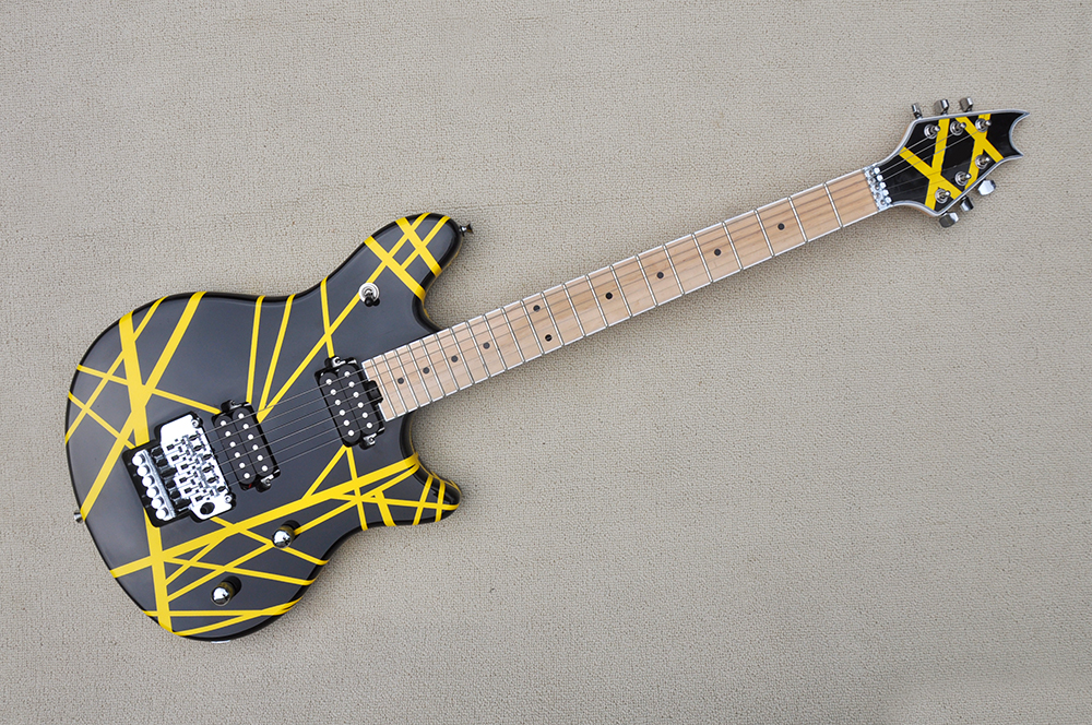 

Factory Custom Black Electric Guitar with Yellow Strips,Maple Fretboard,Double Rock Bridge,Can be Customized