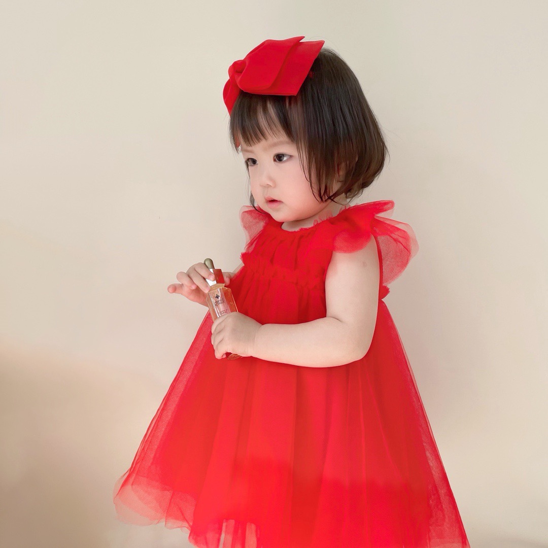 

Pageant Gown Princess Wedding Dress For Kids Girls 2021 Summer Children Baby Girl Sleeveless red formal Clothes 6months-5Y