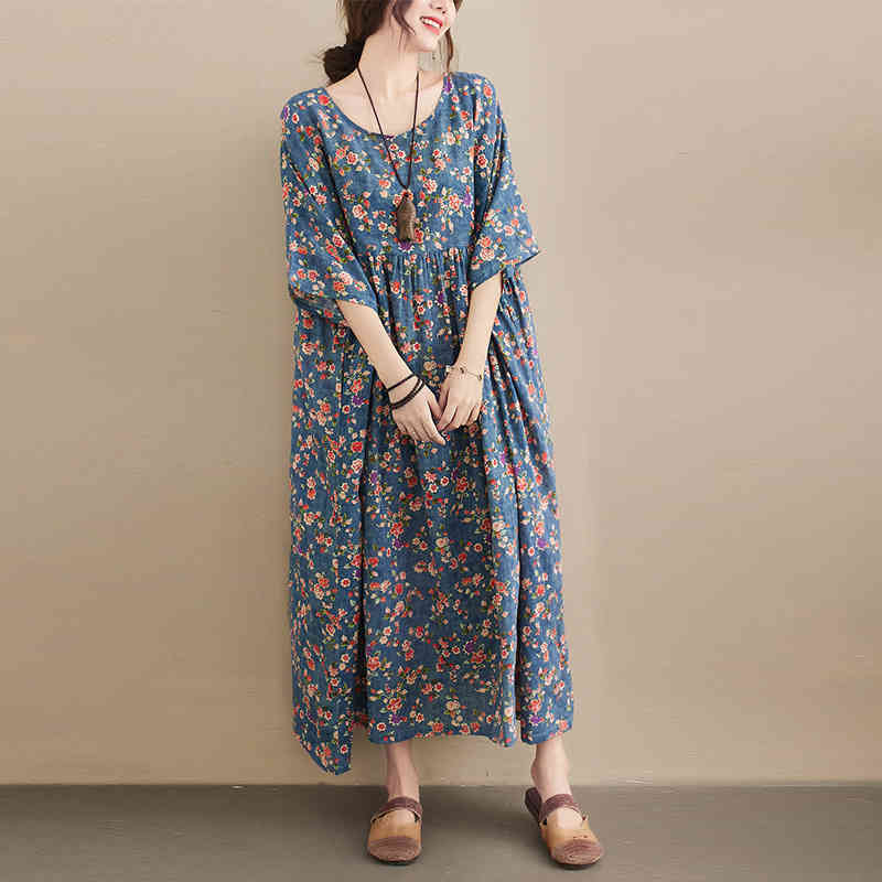 

Johnature Vintage Print Flowers Navy Blue Summer Women Casual Dresses Ankle-length Half Sleeve O-Neck Loose Dresses 210521, Deep blue