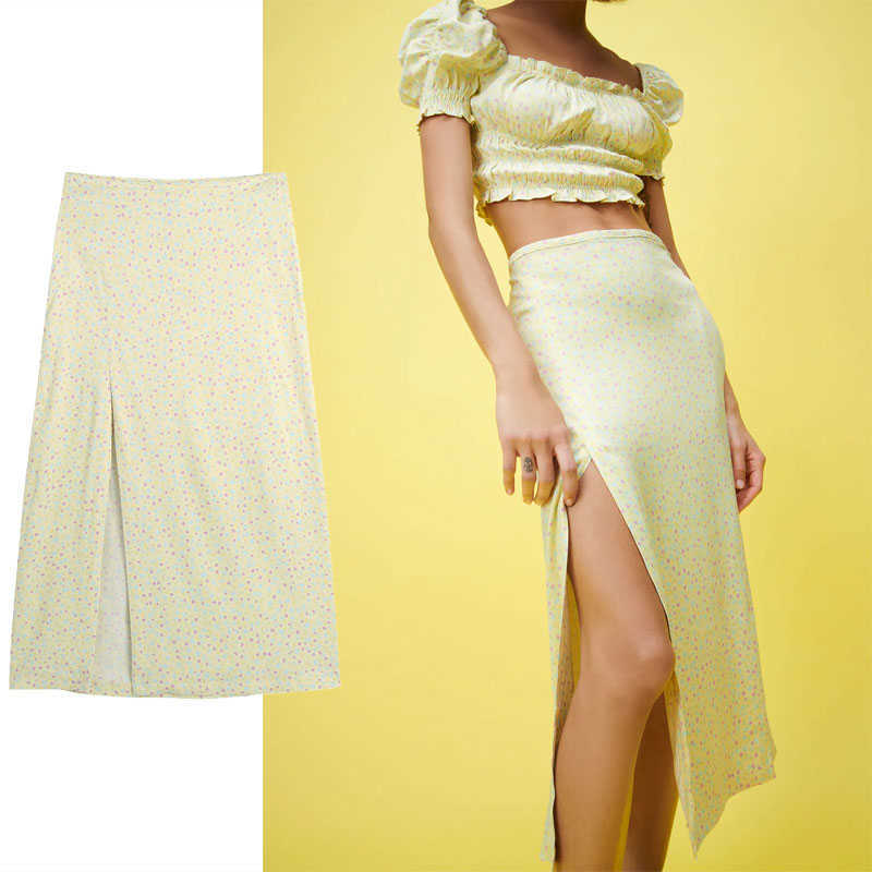 

Za Print Midi Summer Skirt Women High Waist Front Slit Hem Vintage Yellow Skirts Woman Chic Side Zip Elegant Ruched Skirt 210602