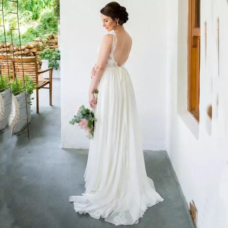 

Elegant 2018 Lace Backless Top Chiffon Boho Beach Wedding Dresses Cheap V Neck Ruched Long Bridal Gowns Custom Made China EN11175, Same as image