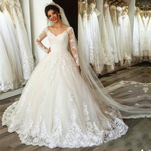 

Vintage Cheap A Line Wedding Dresses Sheer Long Sleeves V Neck Applique Lace Bridal Gowns Custom Sweep Train Cheap Dress Bride, Light yellow