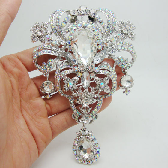 Wholesale - Luxury Bride Flower Drop Pendant Bride Bridesmaid Wedding Brooch Pin Clear AB Rhinestone Crystal-image-258126337