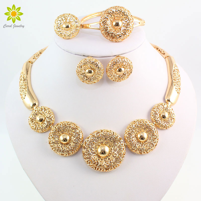 

Vintage Women Clear Crystal Hollow Patterns 18 K Gold Plated African Dubai Bridal Wedding costume Jewelry Sets