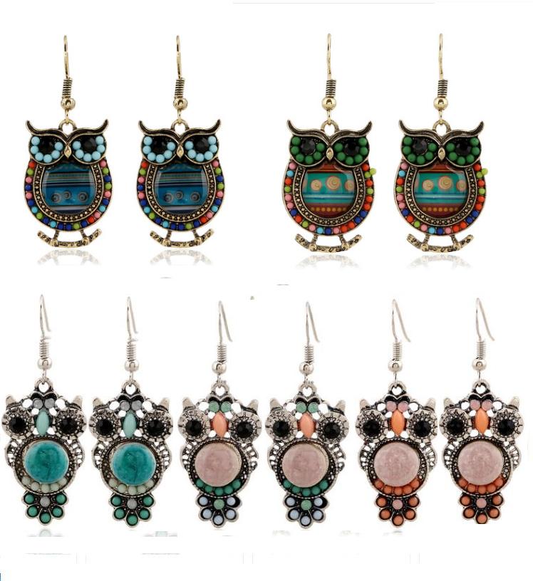 2016 Bohème Coloré Hibou Cristal Strass Allergie Sans Poisson Crochets Boucles D'oreilles Dangles Lustre Bijoux Bleu Rouge Vente Chaude Articles