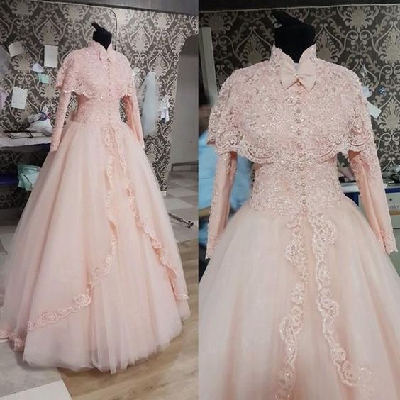 

Real Photos 2017 Blush Pink Long Sleeve Muslim Wedding Dresses Lace With Beads Tulle Bridal Gowns Plus Size Custom Made China EN11284, Custom made from color chart