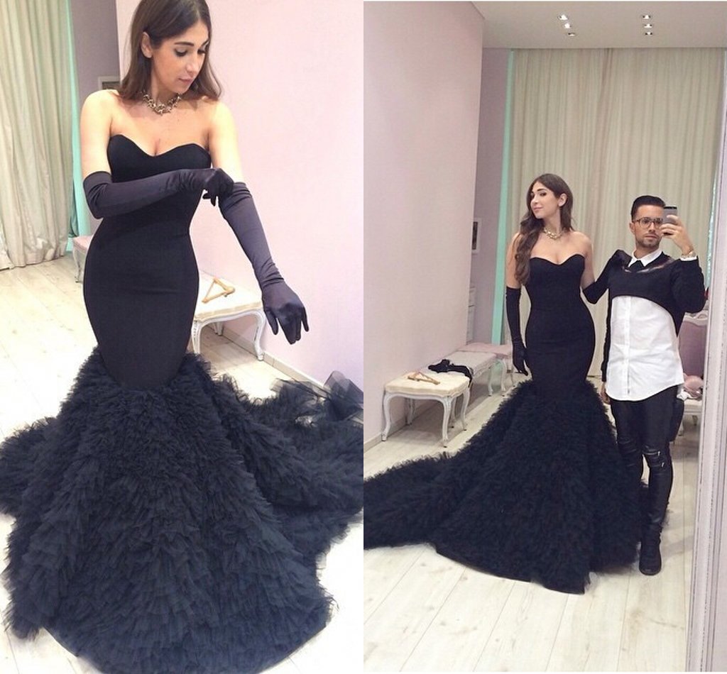 

Myriam Fares Black Mermaid Evening Dress with Tulle Ruffles 2015 Designer Sweetheart Long Arabic Prom Dresses Vestido de Festa Vestido longo, Lavender