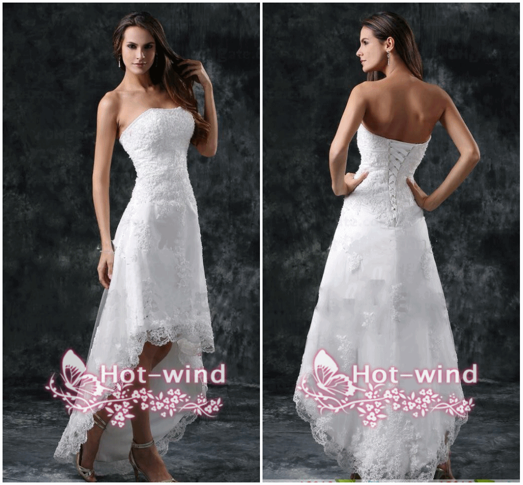 

2018 Wedding Dresses Sexy Strapless Appliques Lace High Low Little White Ivory Lace Up Back Summer Beach Short Bridal Gowns Cps110
