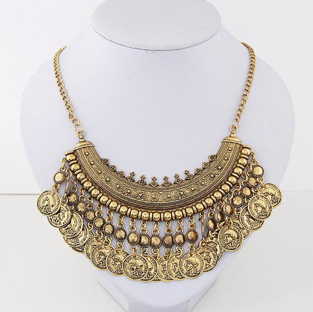 

necklaces pendant for Women Vintage exaggerated alloy carved tassel coin Collar necklaces ancient silver coin chokers statement necklaces, Golden;silver