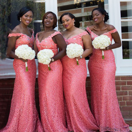 

Off the shoulder Coral bridesmaid dress with beaded sequins crystals straps lace Mermaid slim wedding party gowns V neck women party gowns