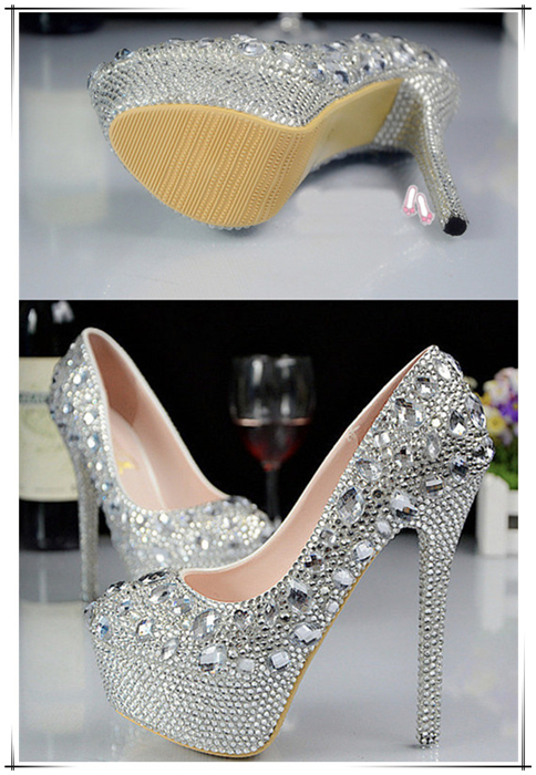 

High Heels Shoes Hot Womens Waterproof and Diamond Ornament Bride Shoes Fashion Lady Comfortable and Non-slip Bridesmaid Shoes, Silver