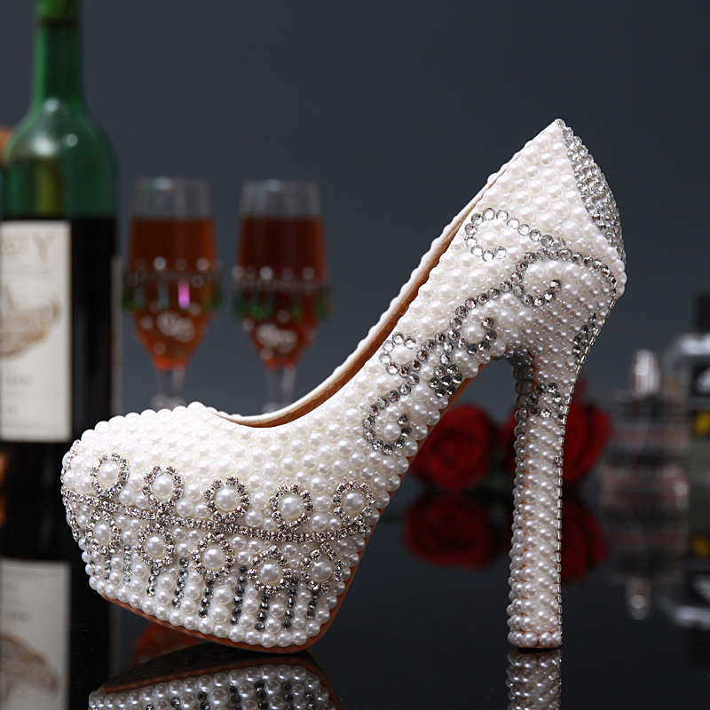 

New Fashion Wedding Shoes High Heel Pearls Crystal Beaded Prom Shoes High Quality Comfortable Rhinestone Fall Winter Bridal Shoes, White
