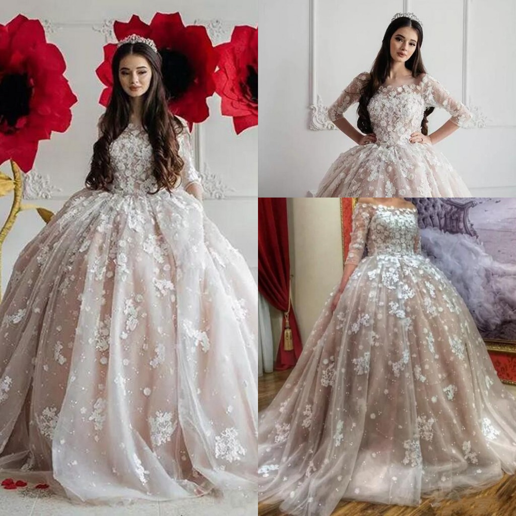 

2018 Champagne Blush Ball Gown Wedding Dresses Off Shoulders Sheer Half Long Sleeves Lace Appliques Tulle Bridal Gowns Vintage, Same as image