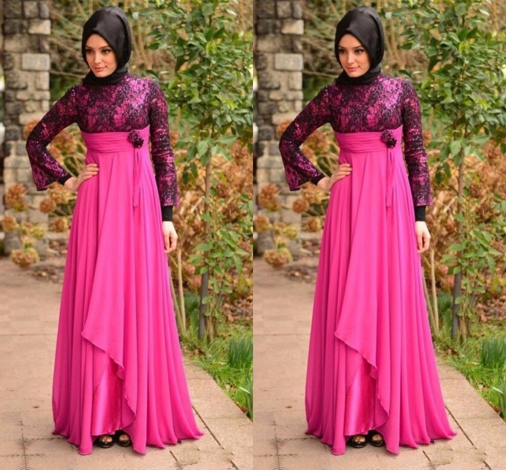 

Muslims Aso Ebi Style Evening Gowns High Neck Long Sleeve A Line Nigerian Women Evening Dress Flowers Pleats Lace Chiffon Robe De Soiree, Light purple