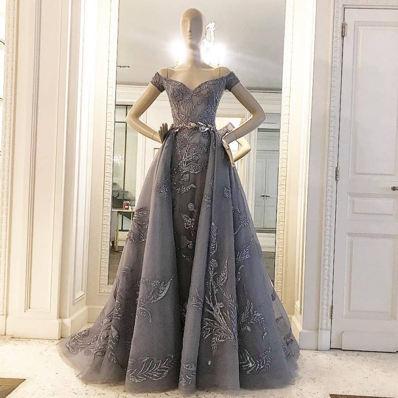 

Zuhair Murad Overskirt Evening Dresses With Short Sleeves Beaded Off The Shoulder A Line Sequined Prom Gowns Sweep Train Tulle Formal Dress, Light sky blue