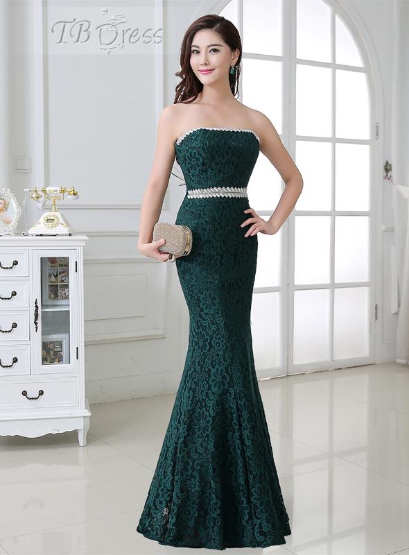 

2016 Hot Sale Fashion New Arrival Charming Free Shipping Strapless Mermaid Crystal Floor-length Dark Green Lace Evening Dresses 1127, Same as picture