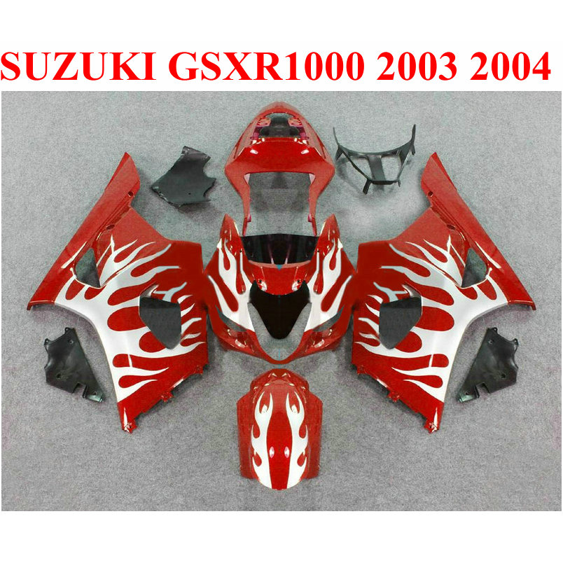 

Plastic bodywork set for SUZUKI GSXR 1000 K3 k4 2003 2004 white flames in red fairing kit GSX-R1000 03 04 fairings set BP24, Same as the picture shows