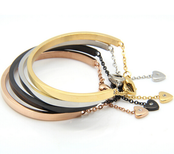 

Fashion Romantic Cute Four-tone Stainless steel Love Heart Design Womens Bracelets half open Cuff bangle CZ Inside Diameter 56mm