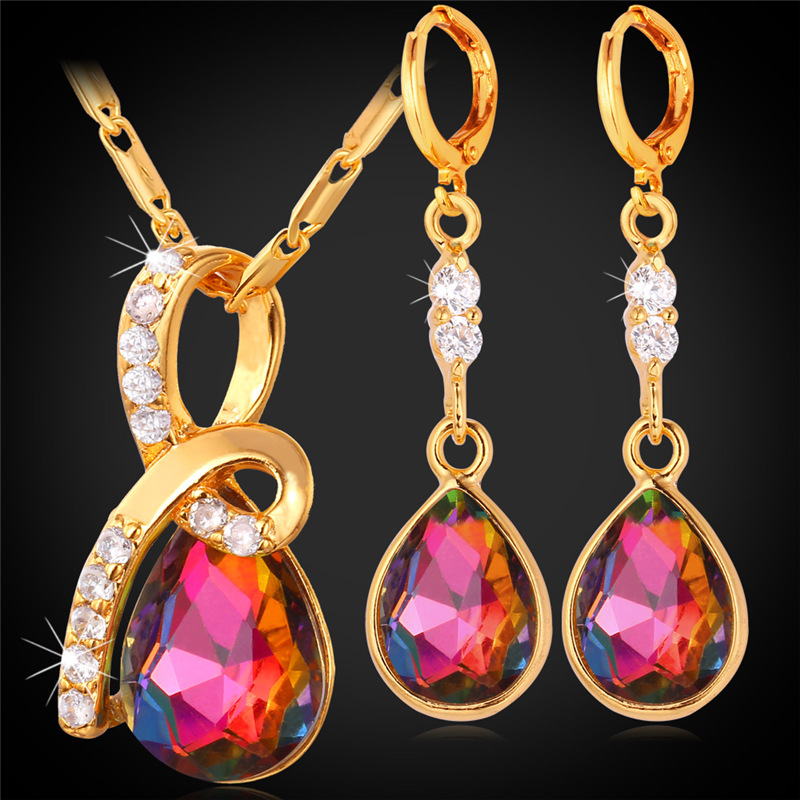 Women's Cubic Zirconia Teardrop Earrings Necklace Set Exquisite Colorful Stone Jewelry Set 18K Gold/Platinum Plated-image-263628784