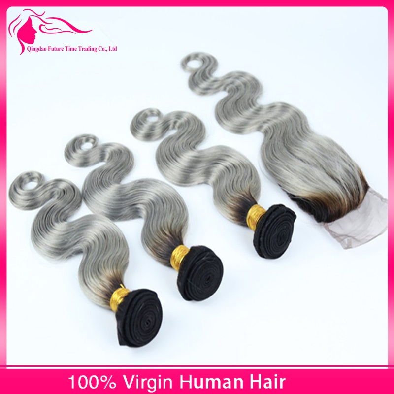 

9A #1b/Grey Hair Bundles With Lace Closure 2 Tone Silver Gray Body Wave Ombre Hair With Lace Closure Free/Middle/Three Part