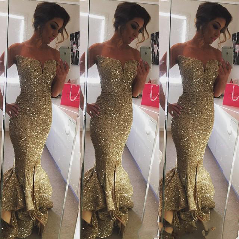 

Sparkling Sequined Gold Ruffles Mermaid Prom Dresses Sexy Sweep Train Split Side Long Formal Sweetheart Party Gowns Custom made, Orange