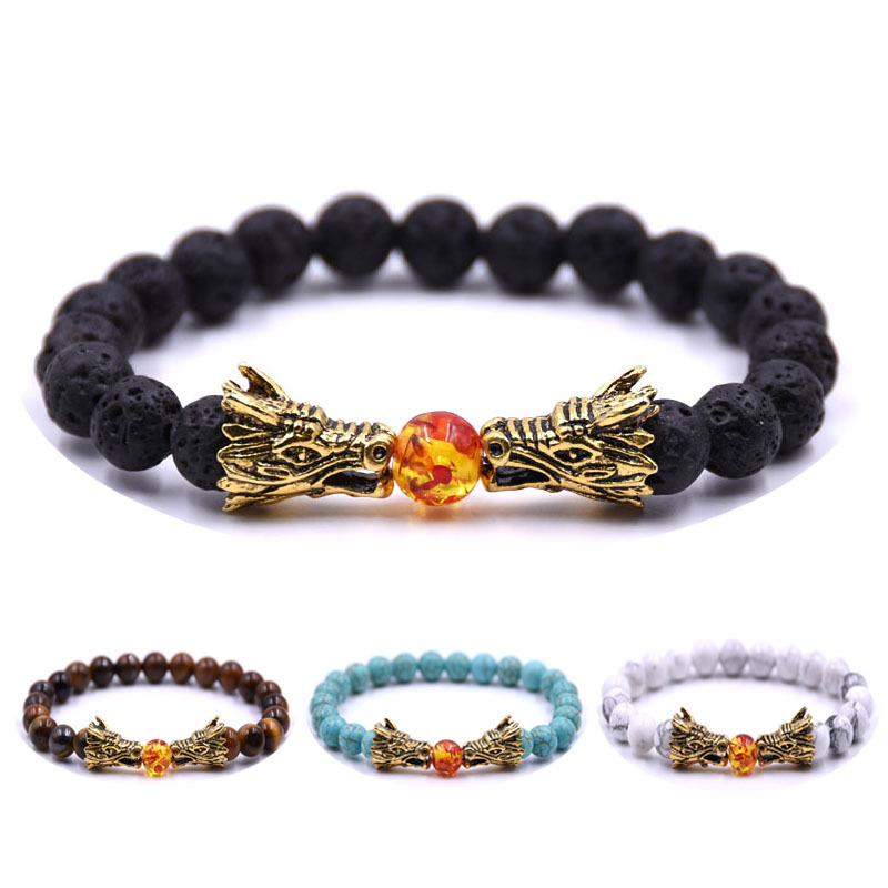 

8mm Natural Stone Beaded Bracelet Black Lava Stone Tiger Eye Crystal Bracelet Men bileklik Men Jewelry Dragon pulseras pulseira