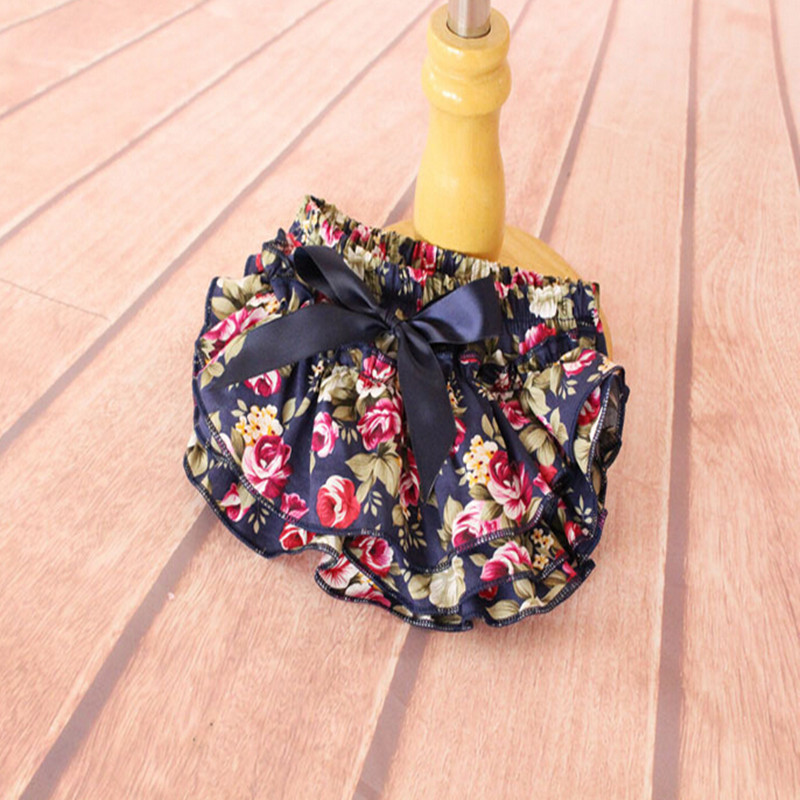 

Wholesale-Navy Floral baby bloomer Newborn photo prop baby birthday outfit ruffle bloomer with satin bow baby clothes, Blue
