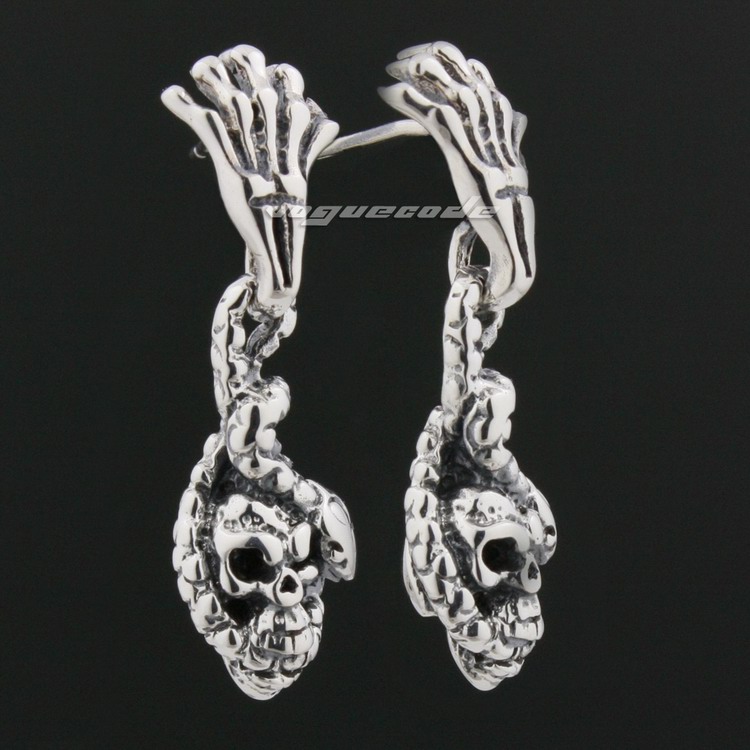 

925 Sterling Silver Snake Skull Hand Mens Biker Rocker Stud Earring 8R004
