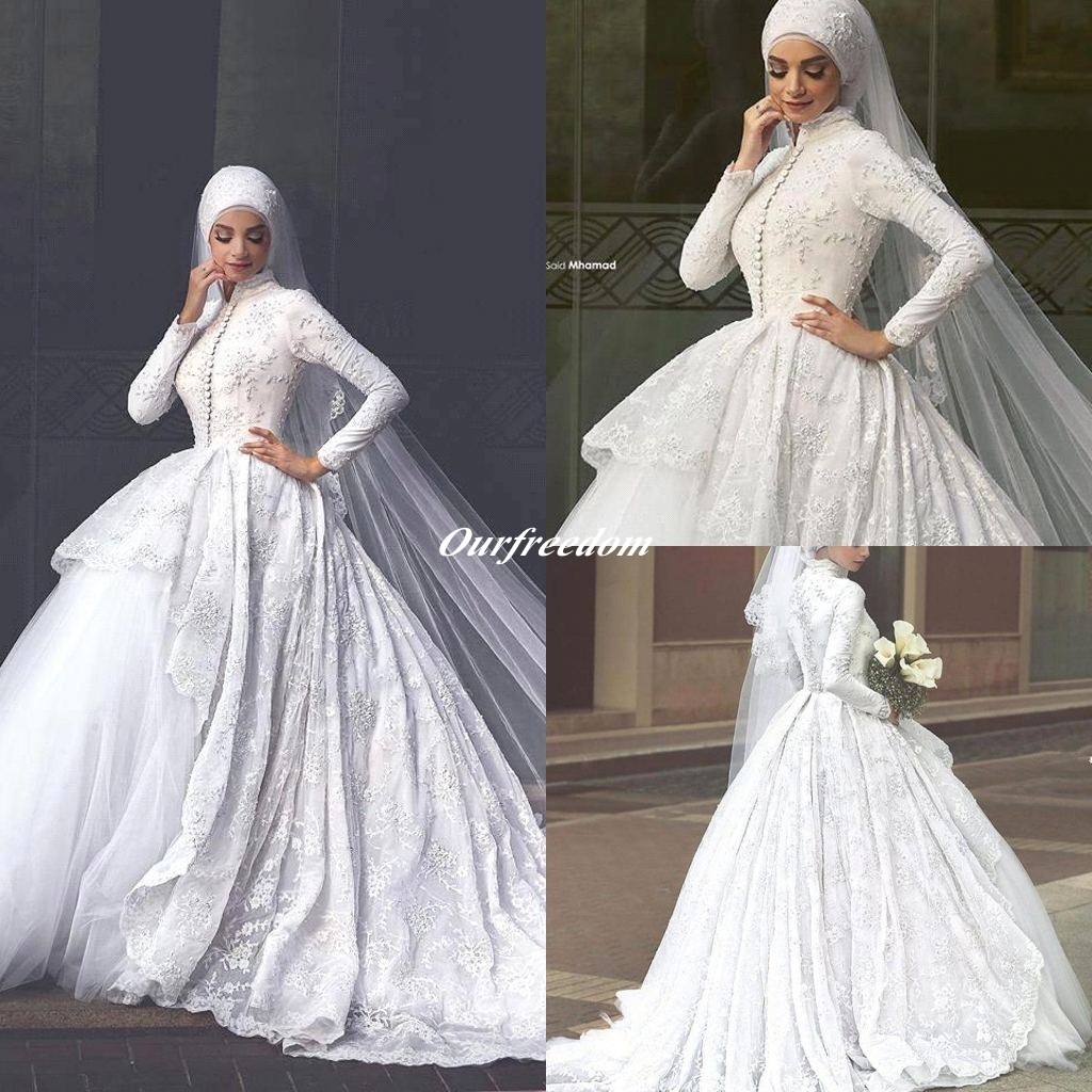 

2019 Lace Robe De Mariage Islamic Wedding Dresses High Neck Exquisite Appliques Sweep Train For Muslim Bridal Gown Custom Made Hot Sale, Red