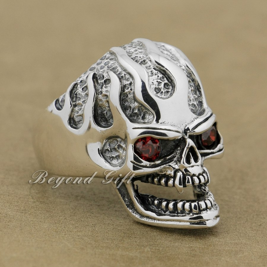 

925 Sterling Silver Red CZ Eyes Skull Mens Biker Punk Ring 9Q020 US Size 8~14 Free Shipping
