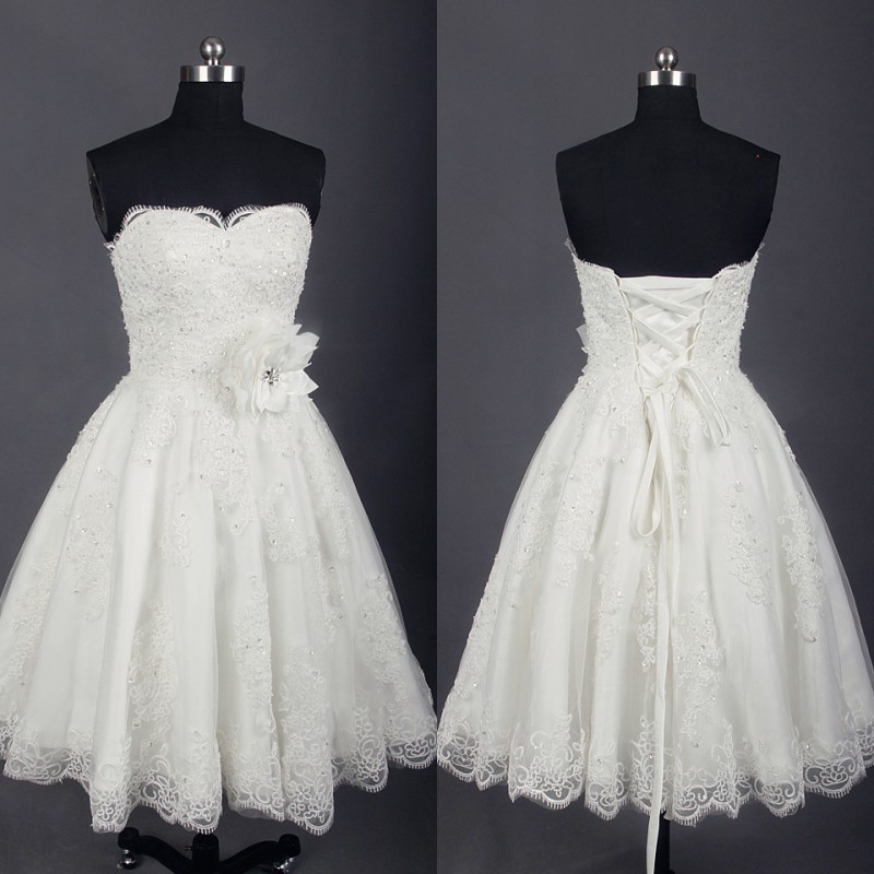 

Real Photos Short Lace Beach Wedding Dresses 2017 Sweetheart Beads With Hand Made Flower Bridal Gowns Custom Made From China EN11256, Black