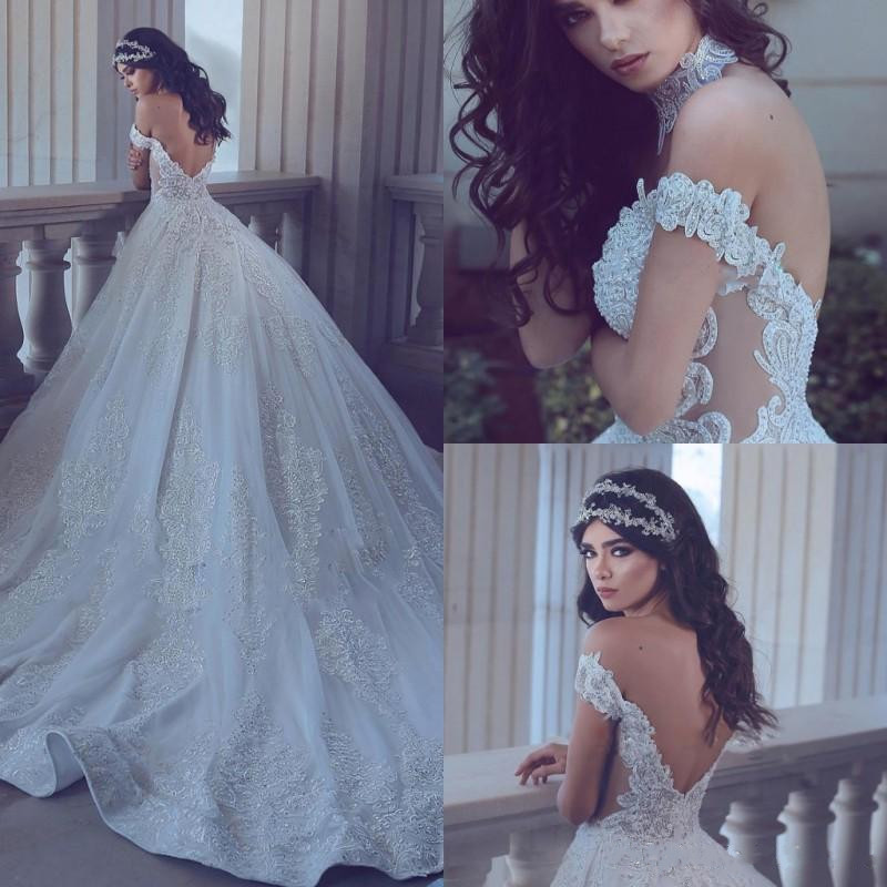 

Crystal Beaded Applique Lace Ball Gowns Wedding Dresses High Neck Illusion Wedding Dress Sweep Train Bridal Gowns Dubai Arabia, Gold