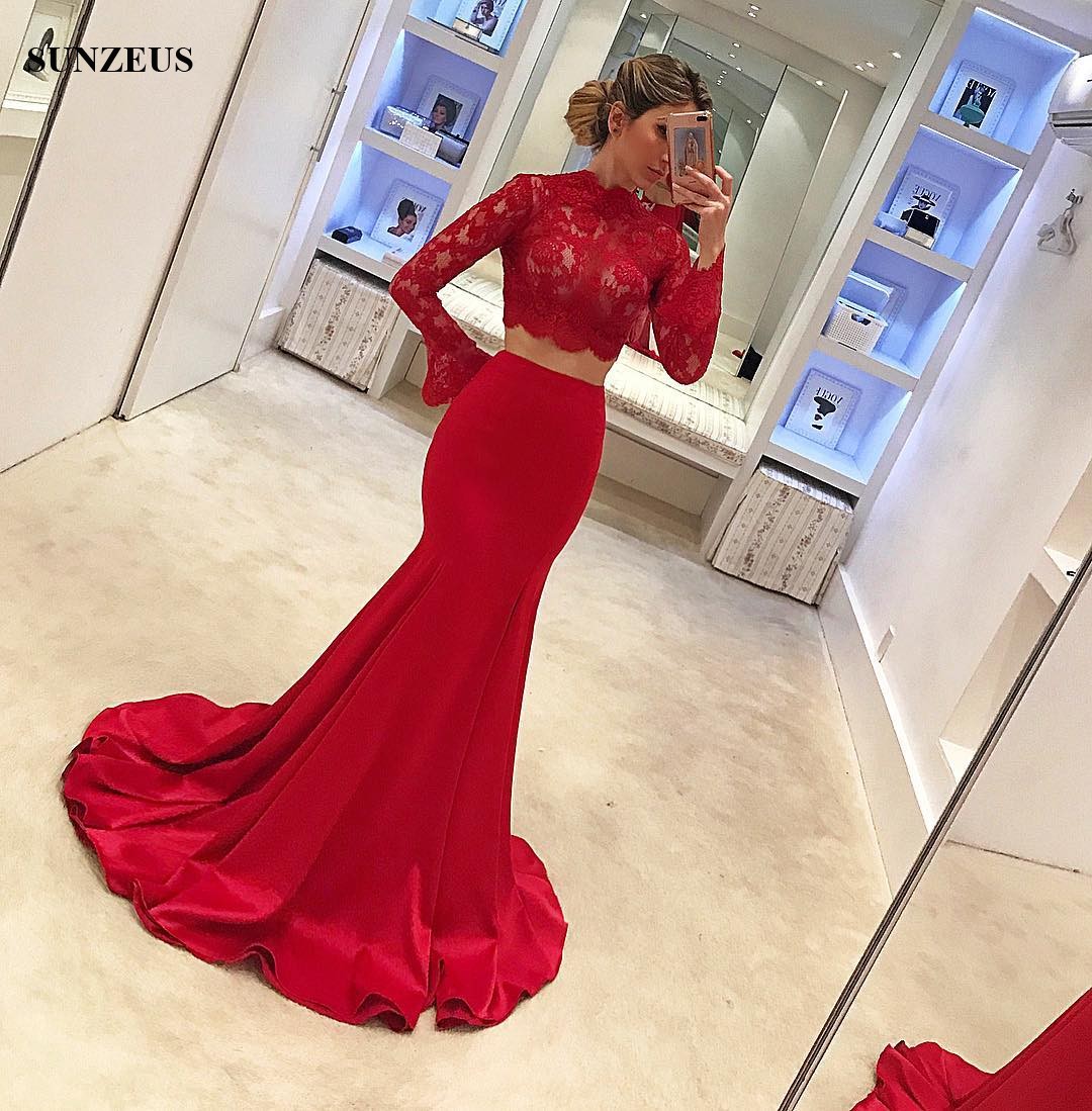 

Two Piece Party Dresses High Neck Long Sleeve Appliques Prom Dresses Mermaid Long Red Satin Evening Party Wear, Royal blue