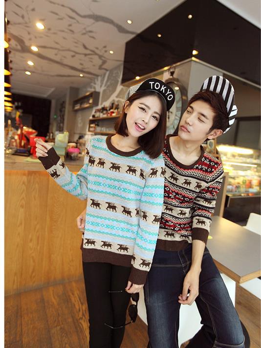 Gros-Free shipping nouvel arrivant automne hiver chaud vente cerf de Noël imprimer les couples de cols ronds pull / 3YY /