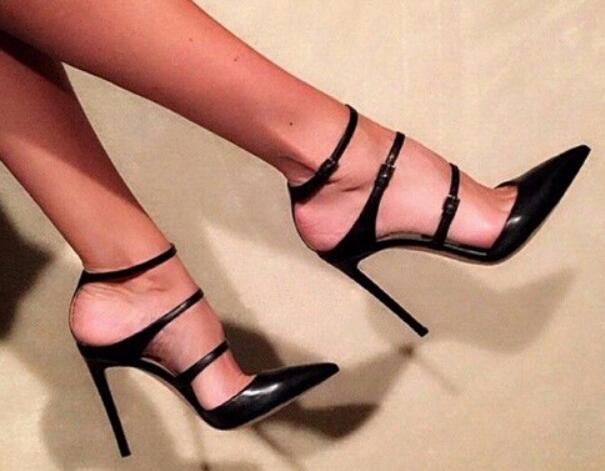 

factory handmade women luxury pointed toe high heels three layers buckle strap pumps women party shoes 2017, Black