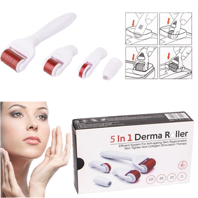 5 in 1 Titanium Derma Roller Kit Microneedle Therapy Massager Skin Tighten Care Rejuvenation Anti Wrinkle Ageing Spots Portable Home Use