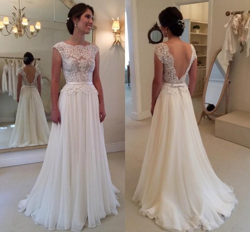 

Backless Formal Wedding Dresses Chiffon 2020 Sexy Modest With Sleeves Lace Beach Boho Bridal Dress Vintage Long Train Cheap, Yellow