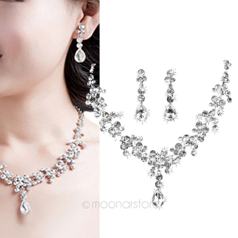 

Wholesale-New arrival Elegant Charm Plated Wedding Bridal WaterDrop Raindrop Rhinestone Crystal Necklace Earring Jewelry Set C1MPJ139-60