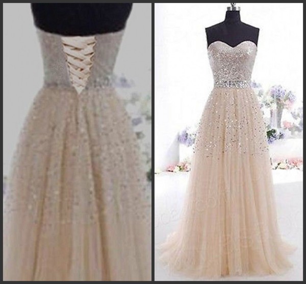 

Popular Strapless Prom Dress Sweetheart Sleeveless Full Length Evening Party Formal Gown Sequins Crystals Lace-up Back Tulle Gown, Blue