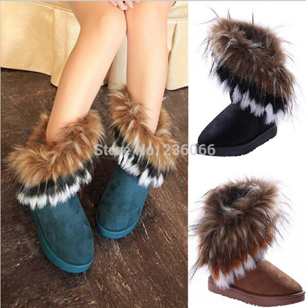 

Free shipping 2017 autumn and winter snow boot Feathers fox fur flat-bottomed short cotton-padded shoes winter boots, Black