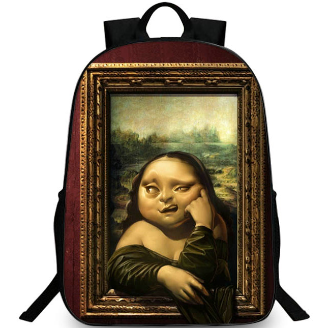 

3D Mona Lisa smile backpack Funny design daypack Dada painting schoolbag Leisure rucksack Sport school bag Outdoor day pack, Black