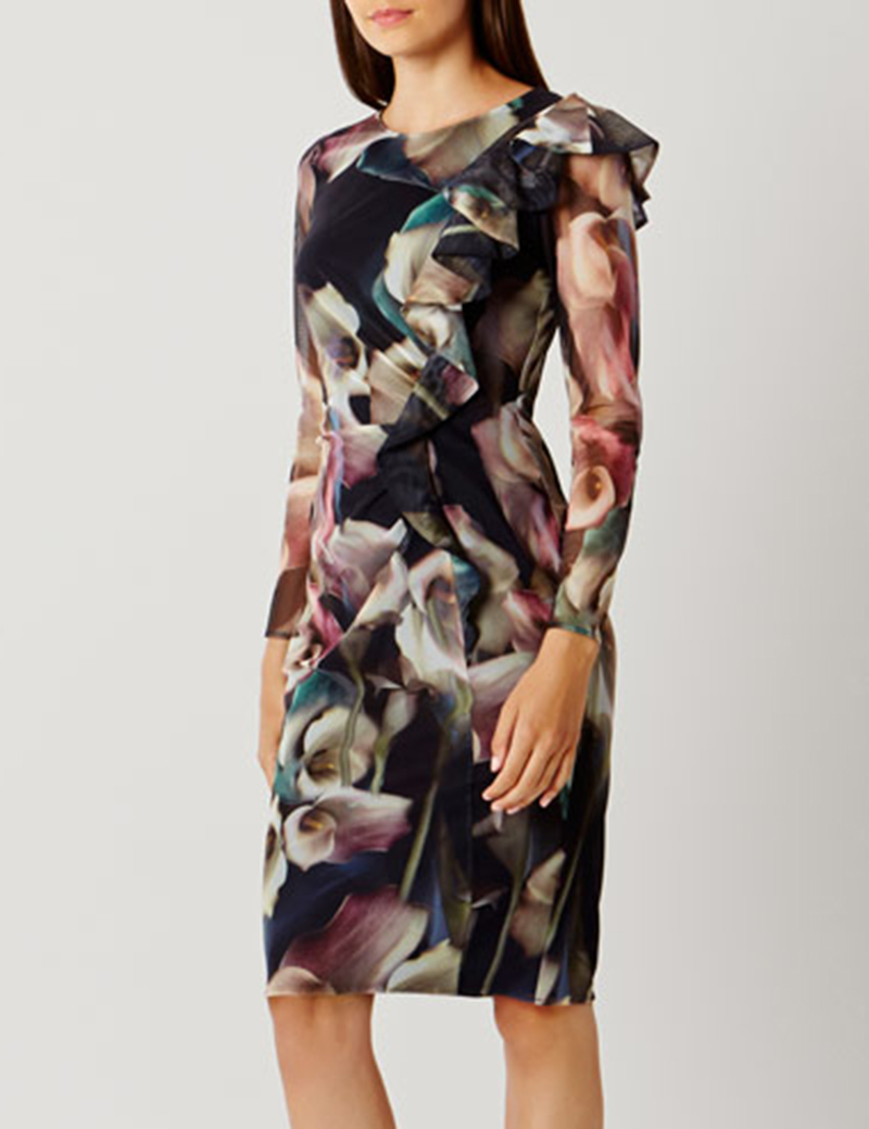 

Flower Print Women Ruffles Sheath Dress Elegant Long Sleeve Dresses 11K560, As pictures