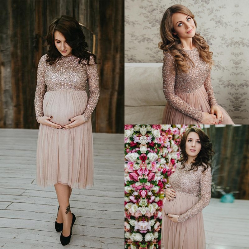 

Sequins Long Sleeve Short Prom Dresses For Maternity Women Shiny Knee Length Pregnant Gowns Tulle Cheap Dress Evening Wear, Green