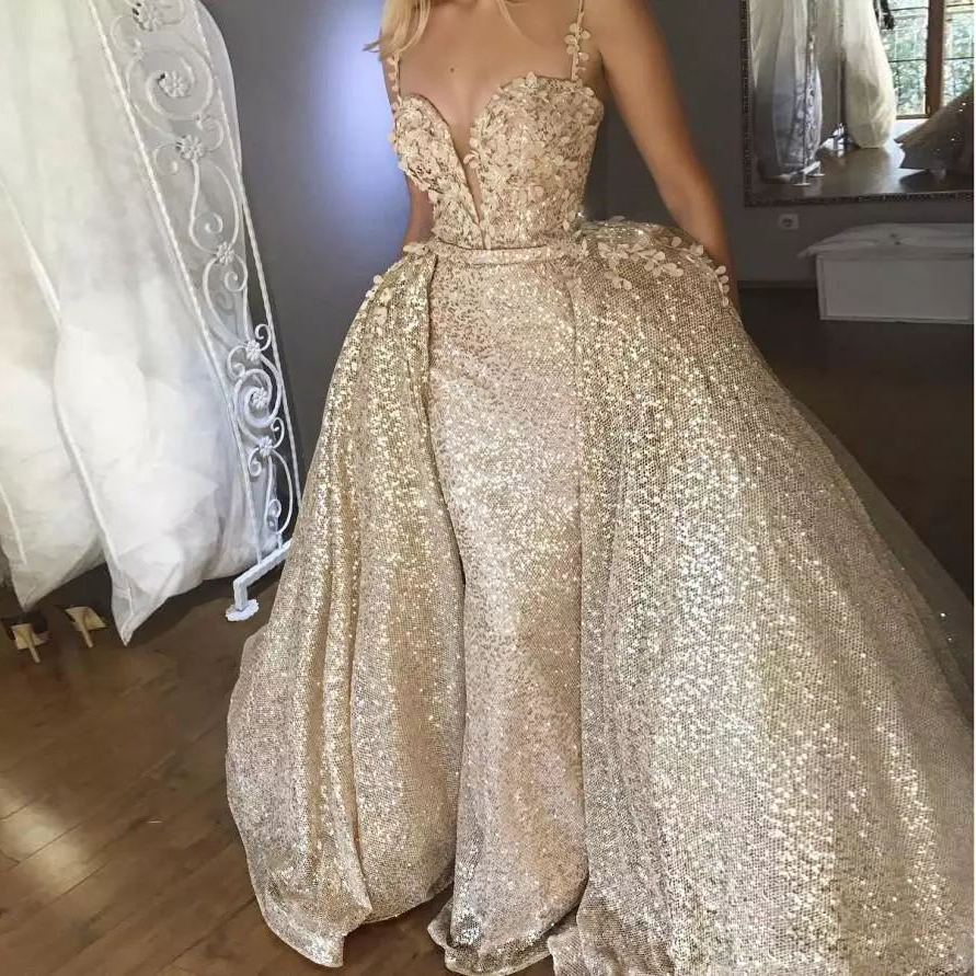 

Sparkly Champagne Sequined Prom Dress With Over-Skirt Applique Sweetheart Mermaid Party Prom Dresses Glamorous Sexy Formal Evening Gowns, Light yellow