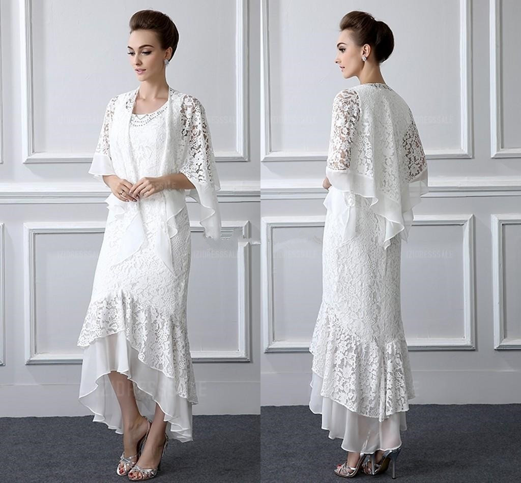 Longueur cheville sirene dentelle mere de la robe de mareee avec châle dentelle mousseline de soie femmes élégantes robes de soirée taille person