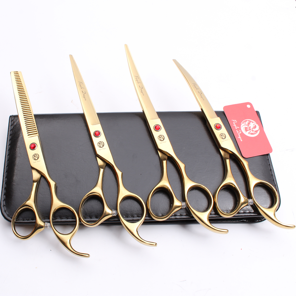

Z3003 4Pcs 7'' 440C Purple Dragon Professional Pets Grooming Hair Scissors Cutting+Thinning+UP&Down+Bag Curved Shears Cat Fur Clipper Shears
