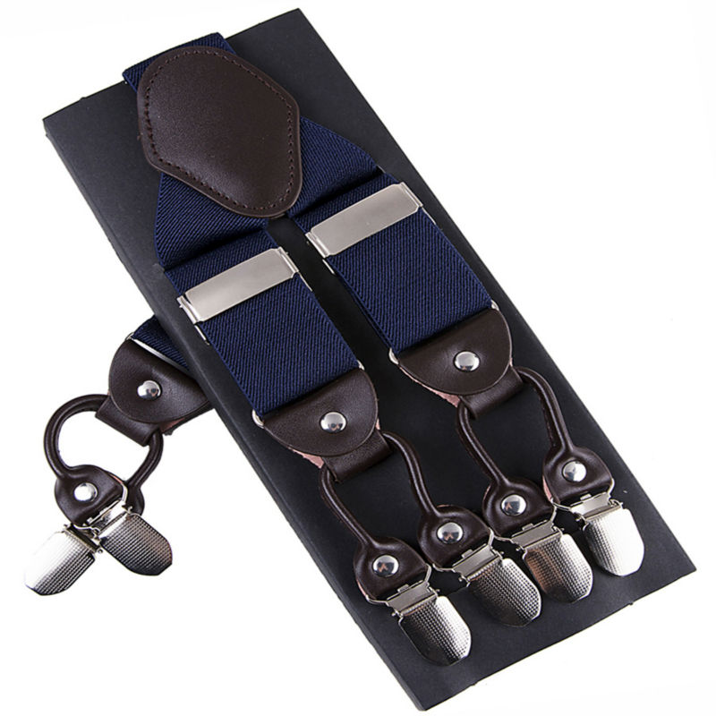 

Fashion Suspenders leather alloy 6 clips Braces Male Vintage Casual suspensorio Trousers Strap Father/Husband's Gift 3.5*120cm